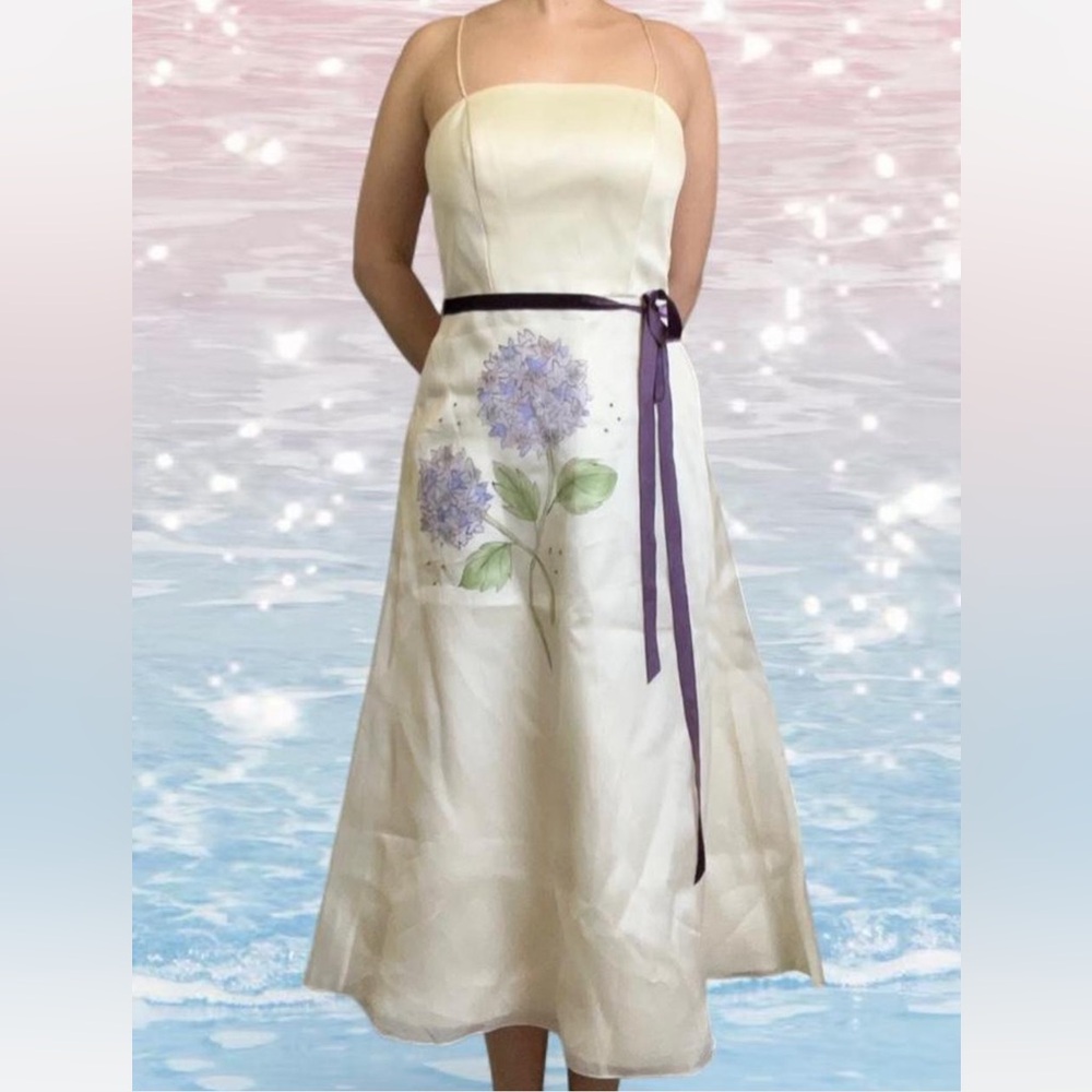 Watters & Watters cream midi floral y2k dress with purple ribbon belt Size 8